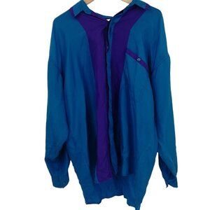 Vintage Button Front Silk Blouse Shirt Size XL Colorblock Purple Blue NOS Flaw